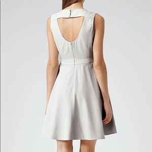 REISS Natalie Houndstooth Cut Out Open Back Flared Dress Skater Silver Backless